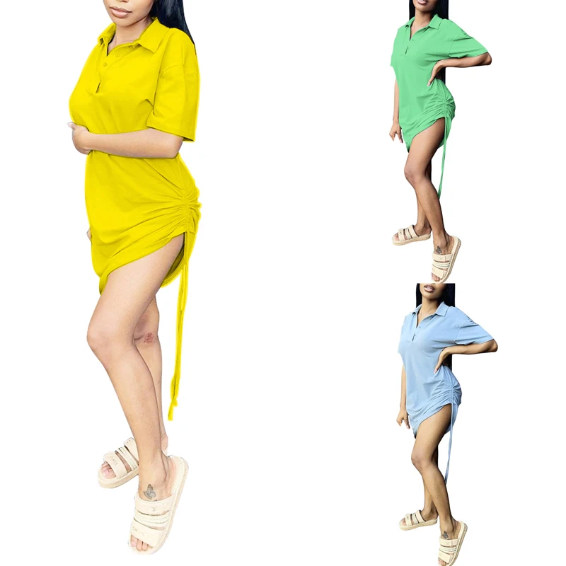 

Kayotuas Women Dress Summer Lapel Turn-down Collar Short Sleeve Casual Solid Color Bandage Ladies Streetwear Clothes