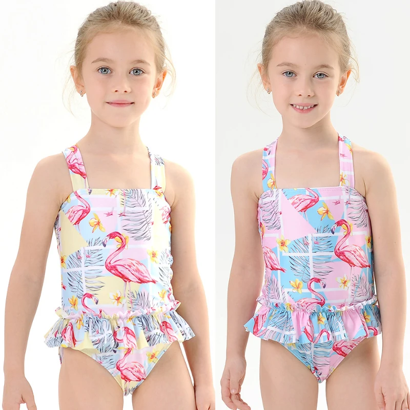 

2-7Y Girls Swimsuit Sling Skirt One Piece Swimwear Kids Sweet Bathing Suit Toddler Baby Beachwear Child Ruffle Triangle Bikini