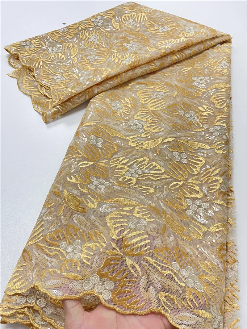 

PGC Nigerian African Sequins Lace Fabric 2021 High Quality Lace Material French Mesh Tulle Lace Fabric For Wedding YA4108B-6