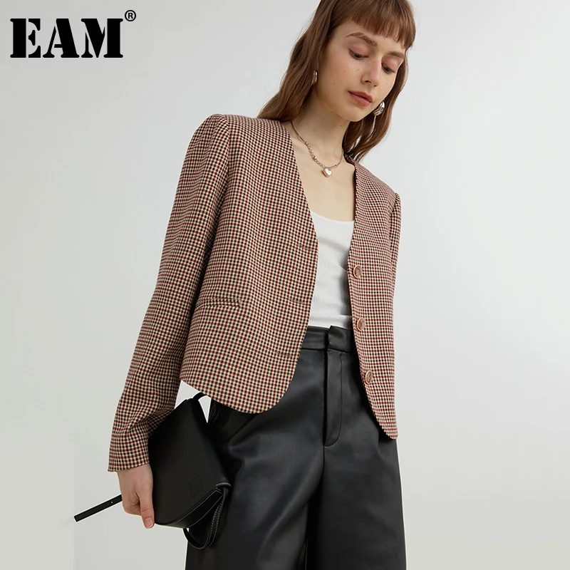

[EAM] Women Brown Plaid Big Size Short Blazer New V-collar Long Sleeve Loose Fit Jacket Fashion Tide Spring Autumn 2021 1DE1644