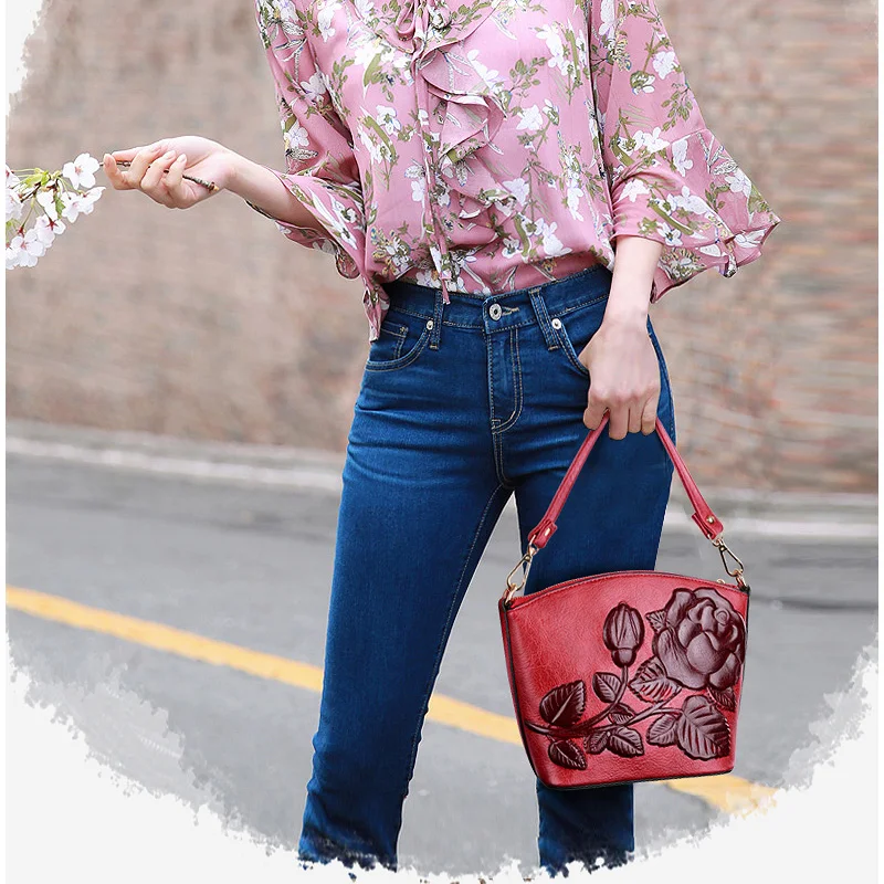 

Retro Floral Small Crossbody Bags for Women PU Leather Bucket Shoulder Bag Ladies Vintage Casual Flower Clutch Purses Sac A Main