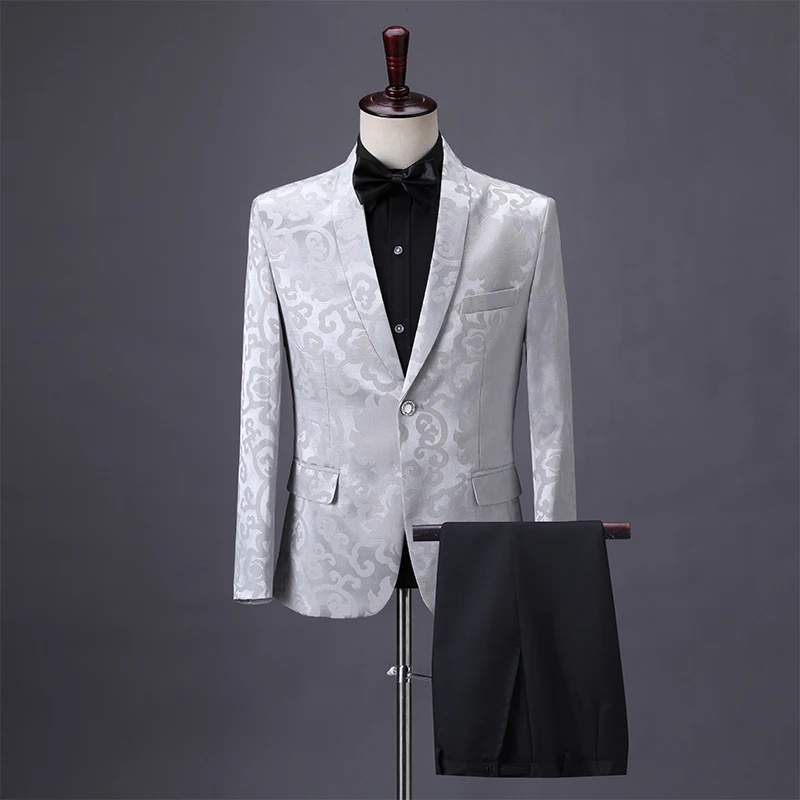 

6-Colors England Style Men's Suits Vintage Jacquard Weave Blazers Pants Set Stage Singer Chorus Suit Prom Wedding Groom Dress