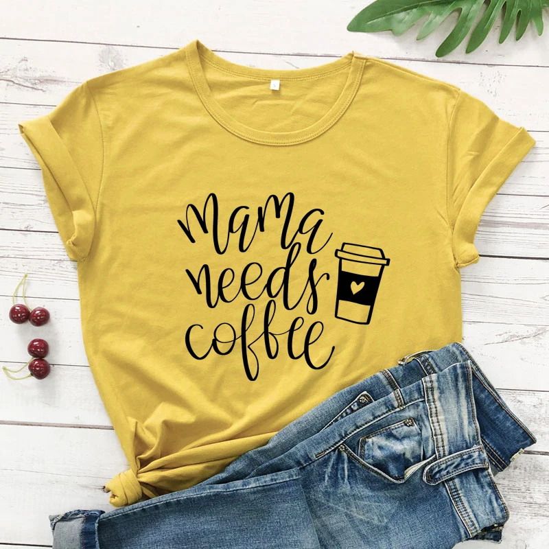 mustard-black text Мама потребностей Кофе футболки мама жизни подарок рубашка Повседневное Лето Графический Забавный Футболки-топы Для женщин Мода Костюмы хлопковая Футболка наряд - Цвет: mustard-black text