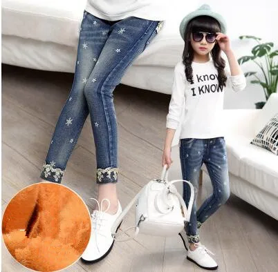 F621 fleece jeans Коллекция года, зимняя детская одежда джинсы для девочек повседневные узкие джинсы из плотного флиса для маленьких девочек, джинсы для крупных детей, длинные штаны - Цвет: F621 fleece jeans