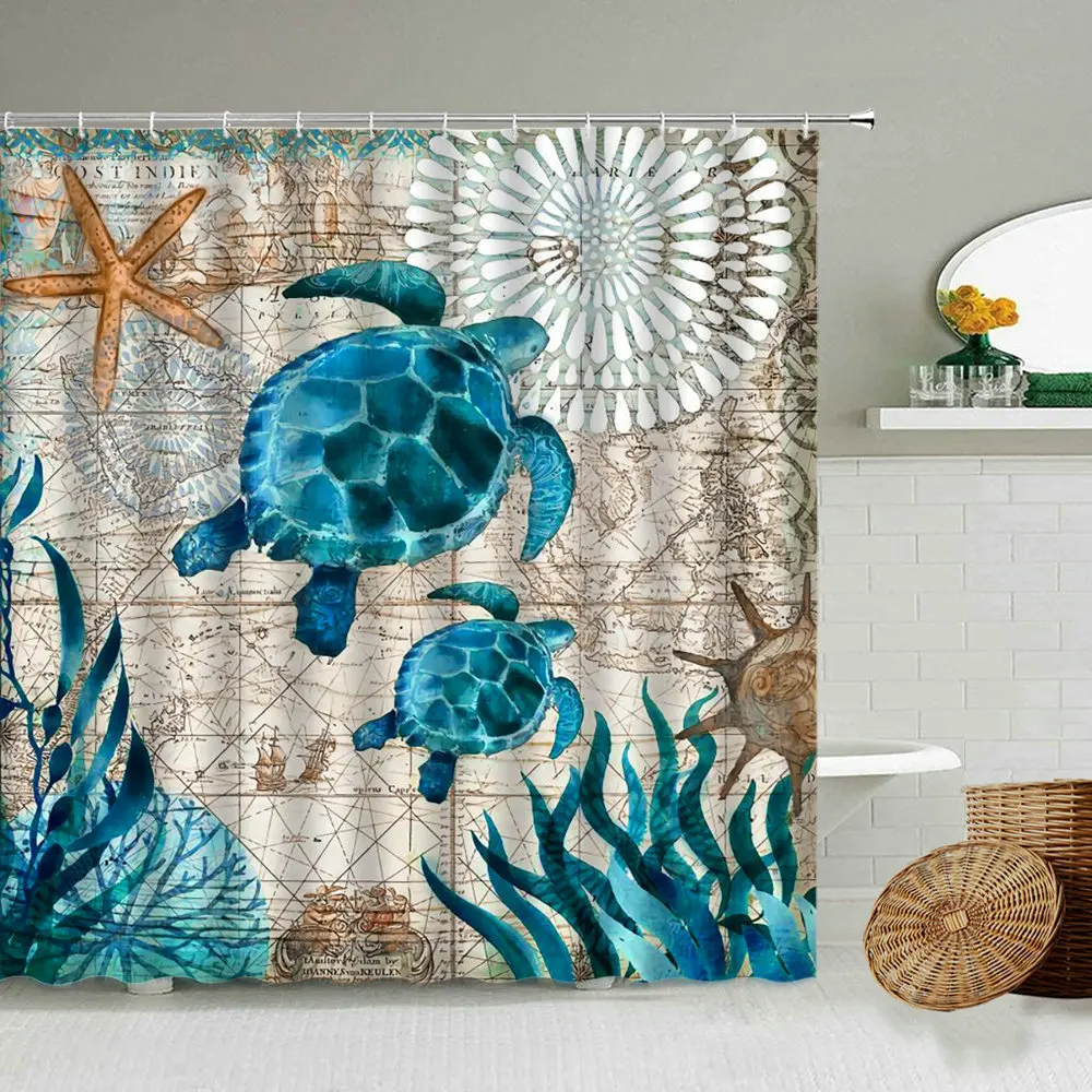 

Turtle Print Shower Curtain Marine Animals Starfish Retro Nautical Map Child Boy Waterproof Screen Home Bathroom Bathtub Decor