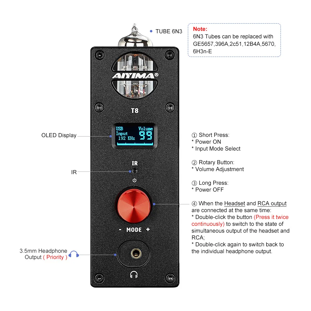 AIYIMA T8 трубчатый усилитель Bluetooth предусилитель декодер HIFI аудио для наушников USB DAC