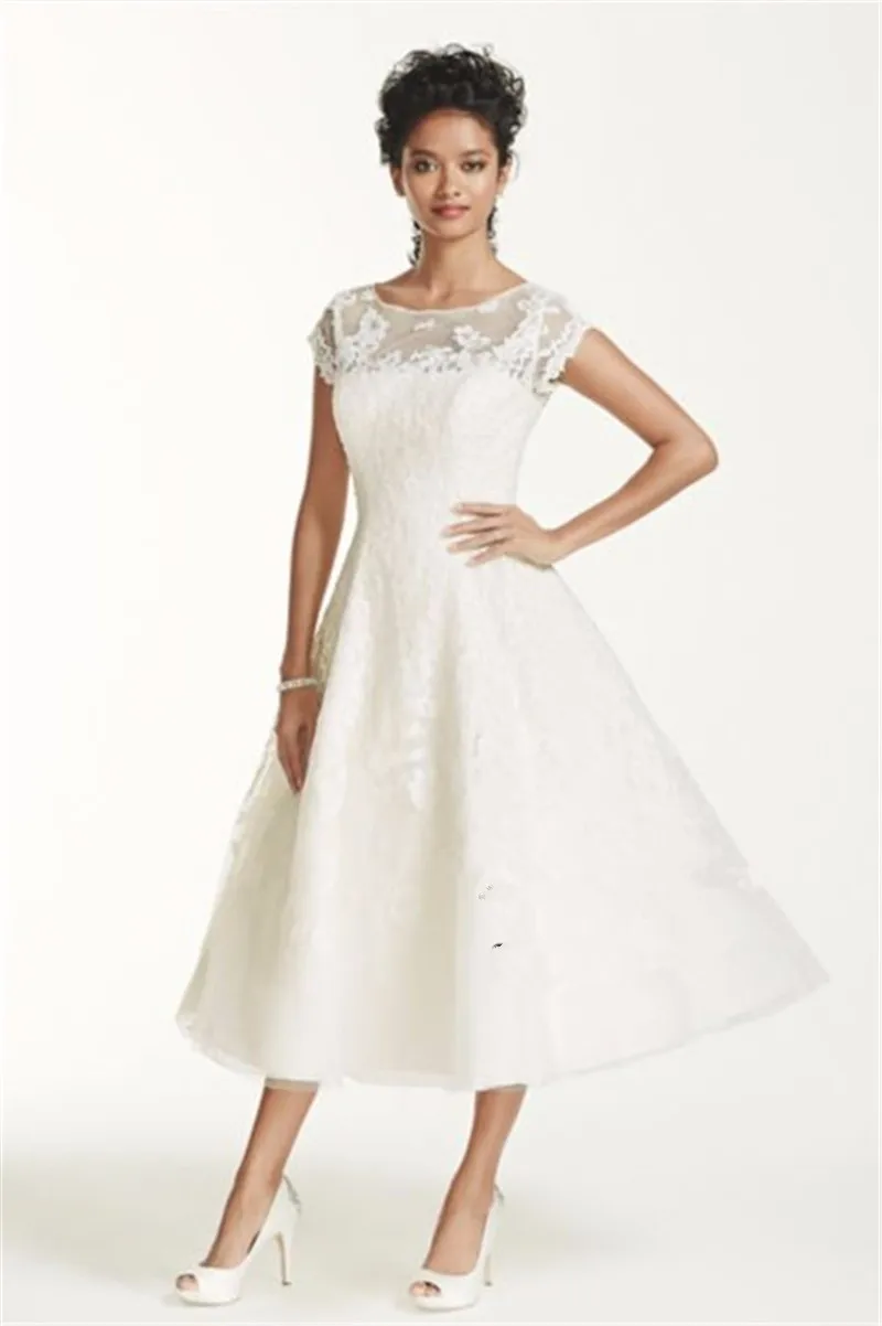 

Ankle Length Cap Sleeve Illusion Applique Lace With Crystals Short Sleeves Bridal gown vestido de noiva 2018 bridesmaid dresses