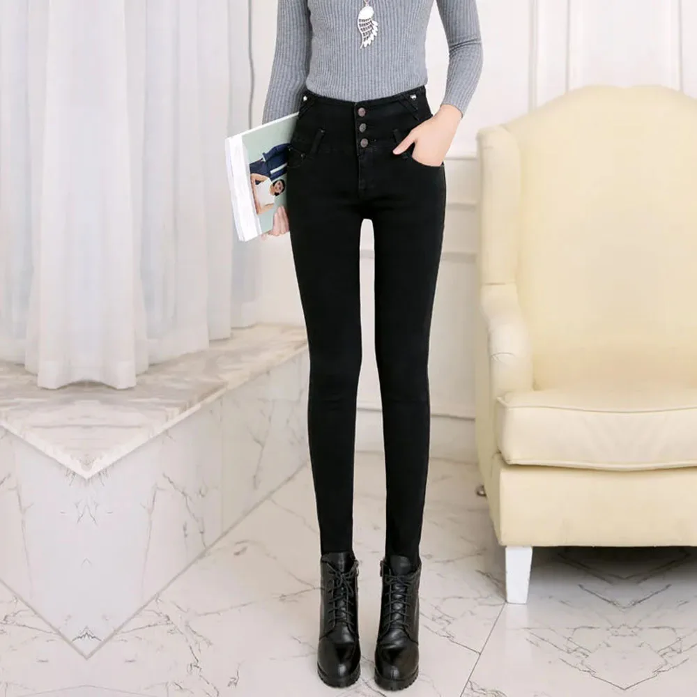 

Jeans For Women Autumn Spring Pencil Pant Female Winter Thick Warm Fleece Woman Denim Pants High Elastic Waist Slim Casual Jeans