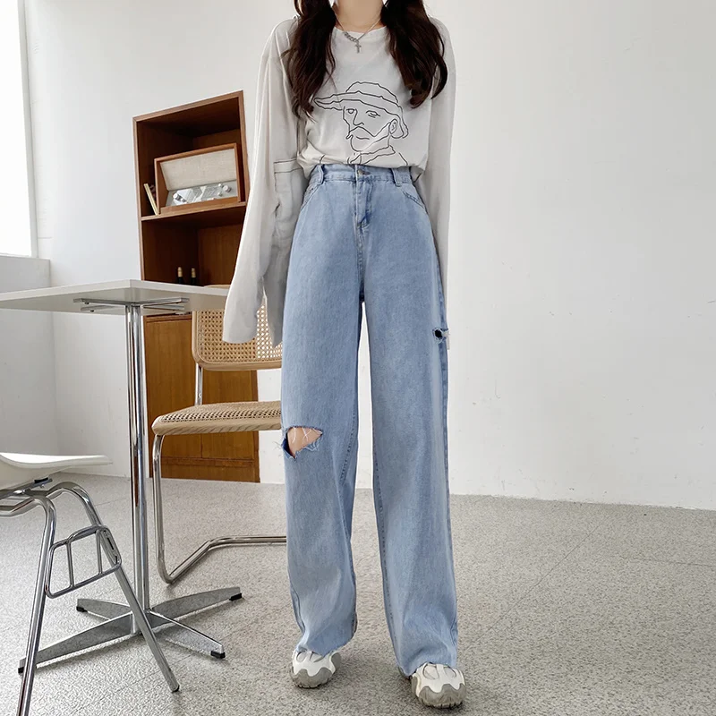 

Winter style New Summer Women Vintage Hole Blue Long Denim Pants Streetwear Female Washed Straight Jeans Ladies Loose Trousers