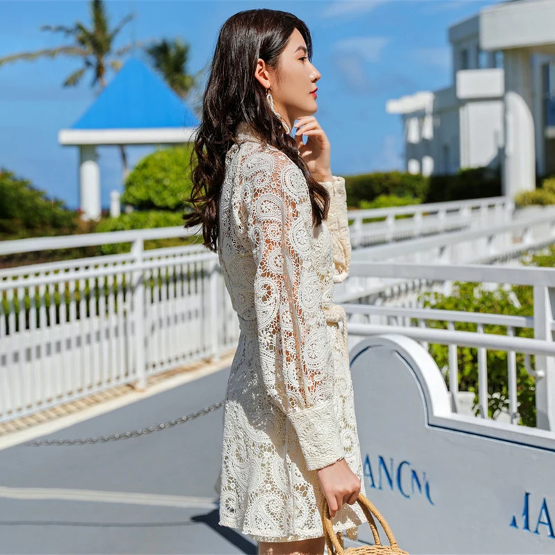 

SHENGPLLAE Lace Embroidered Hollow Dress Women's Summer 2021 New Stand Collor Lace Up Waist Bubble Sleeve Mini Dresses Female