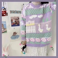 deeptown kawaii korean style purple printed knitted sweater women preppy fashion crewneck long sleeve oversize jumper female top