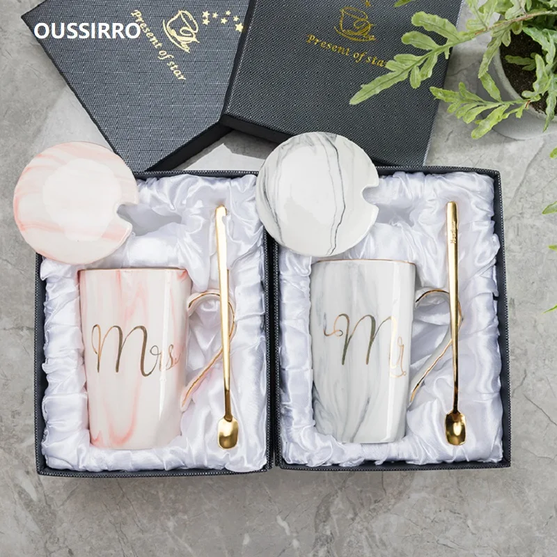 M OUSSIRRO керамические кофейные кружки Mr and Mrs чай молоко чашка Подарочная коробка с крышкой и ложкой Креативный Свадебный Подарок на годовщину - Цвет: M
