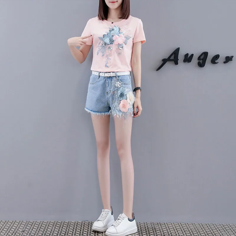 Женский комплект из 2 предметов летние комплекты с вышивкой и объемным цветком