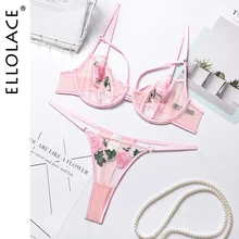 Ellolace Floral Underwear Set Push up Bra Lingerie Set Lace Transparent Brief Sets Sexy Set Woman 2 Pieces Erotic Lingerie