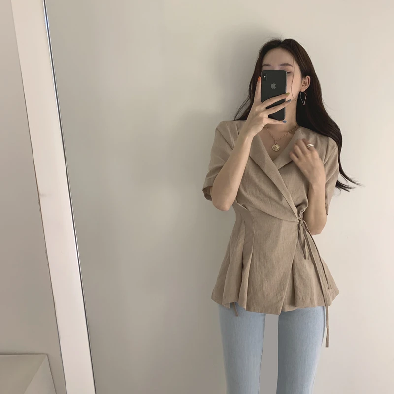 

COIGARSAM Shirt Womens tops High Waist Belt Women shirts Khaki Black White 2763