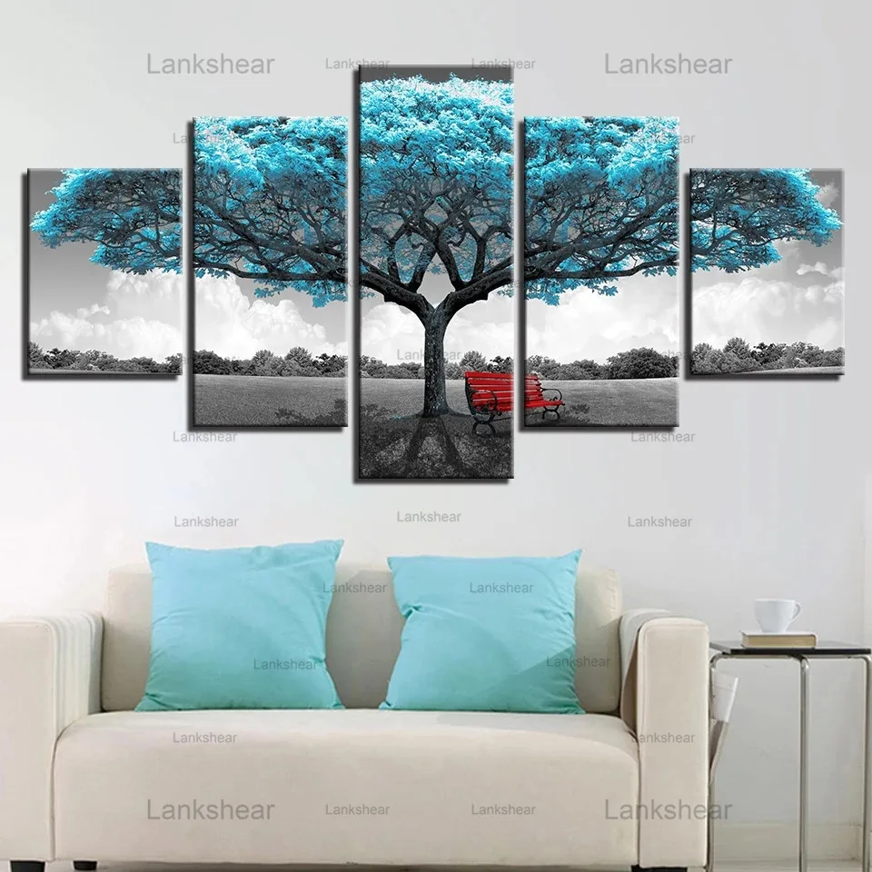 

Canvas with Big Blue Tree and Red Chair Abstract Picture Landscape Wall Art Painting for Modern Living Room Decor Unframed