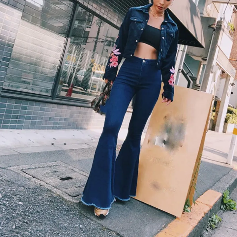 2019 женские одноцветные джинсы с высокой талией и кисточками плюс размер для