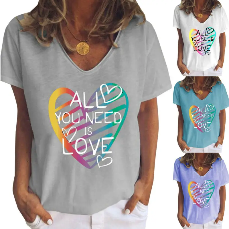 

Womens Tshirts Letter Printed Short Sleeve V-Neck T-Shirt Summer Casual Women Tos Summer 2021