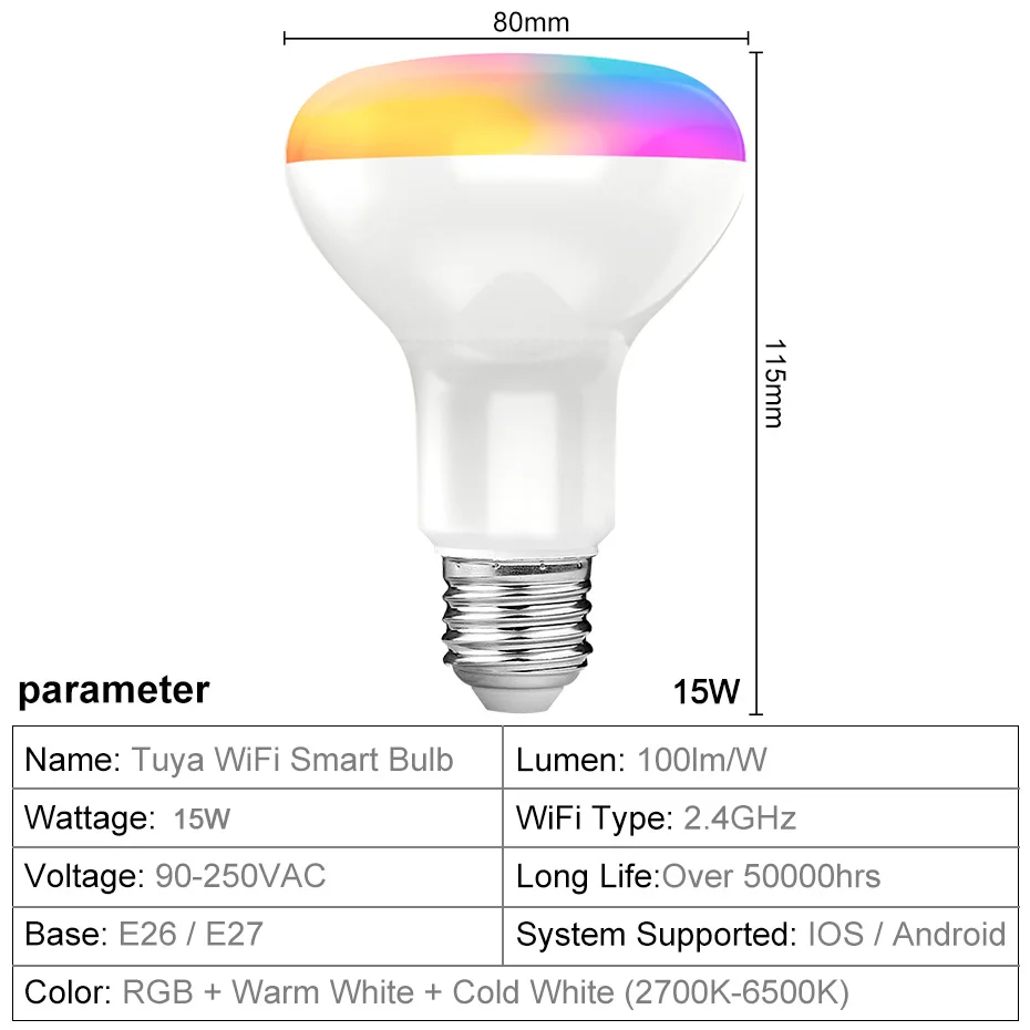 Tuya Smart LED лампы E27 15W WiFi светильник с регулируемой яркостью RGB + теплый белый