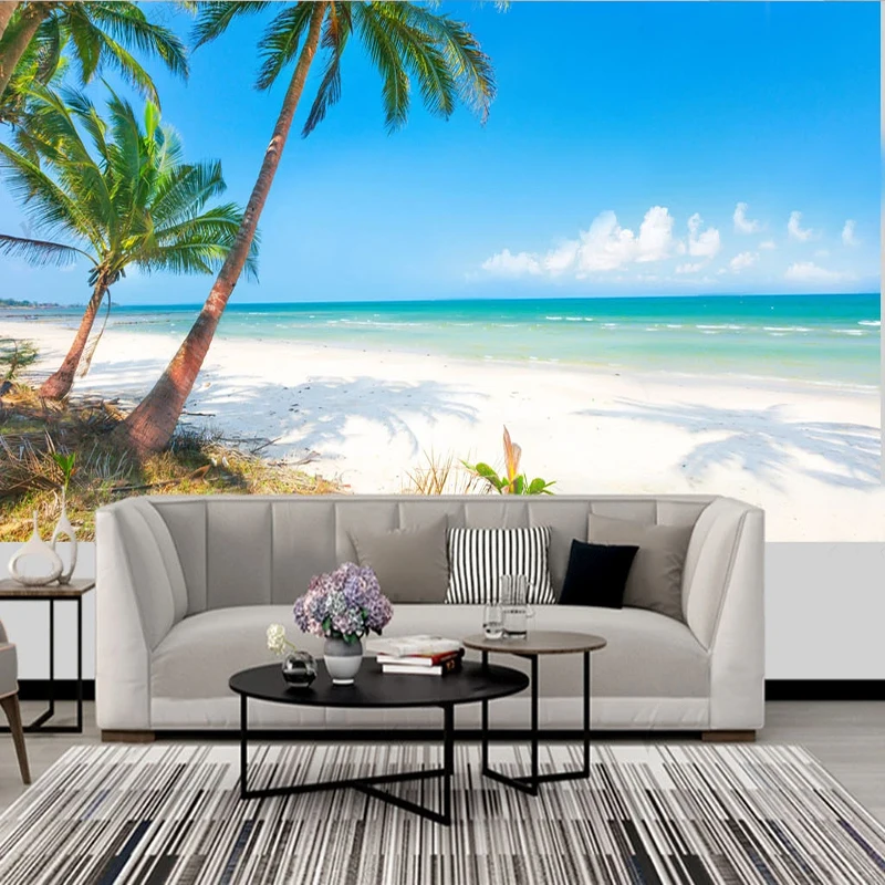 Фотообои Мальдивы вид на море кокосовое дерево пейзаж фрески настенная ткань гостиная телевизор диван фон стены домашний декор Фреска