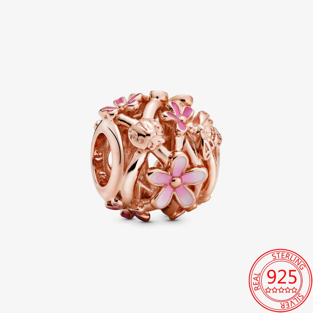 

S925 Sterling Silver Bead Hollow Pink Spring Daisy Flower Charm Fit Brand Bracelet DIY Bracelet Charm Accessories