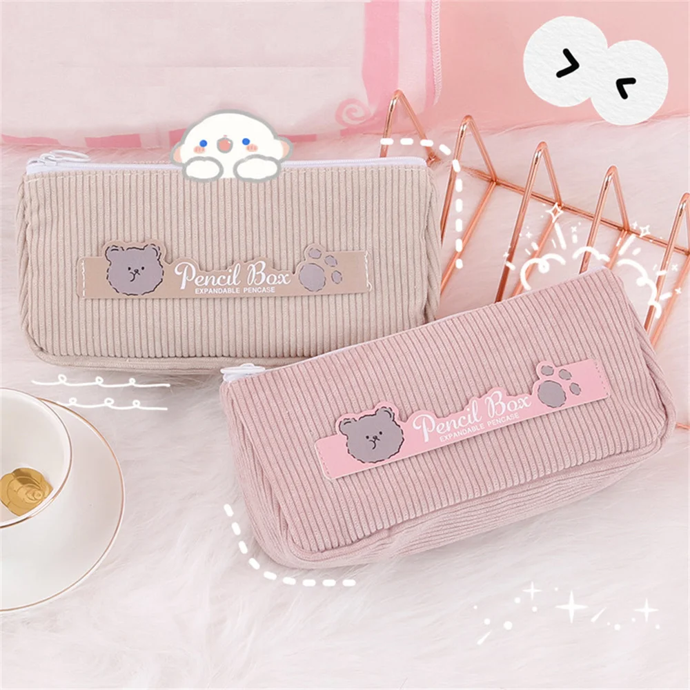 

1pc Kawaii Bear Pattern Corduroy Pencil Case Pencil Eraser Cosmetic Brush Storage Box Cute Stationery Storage Supplies