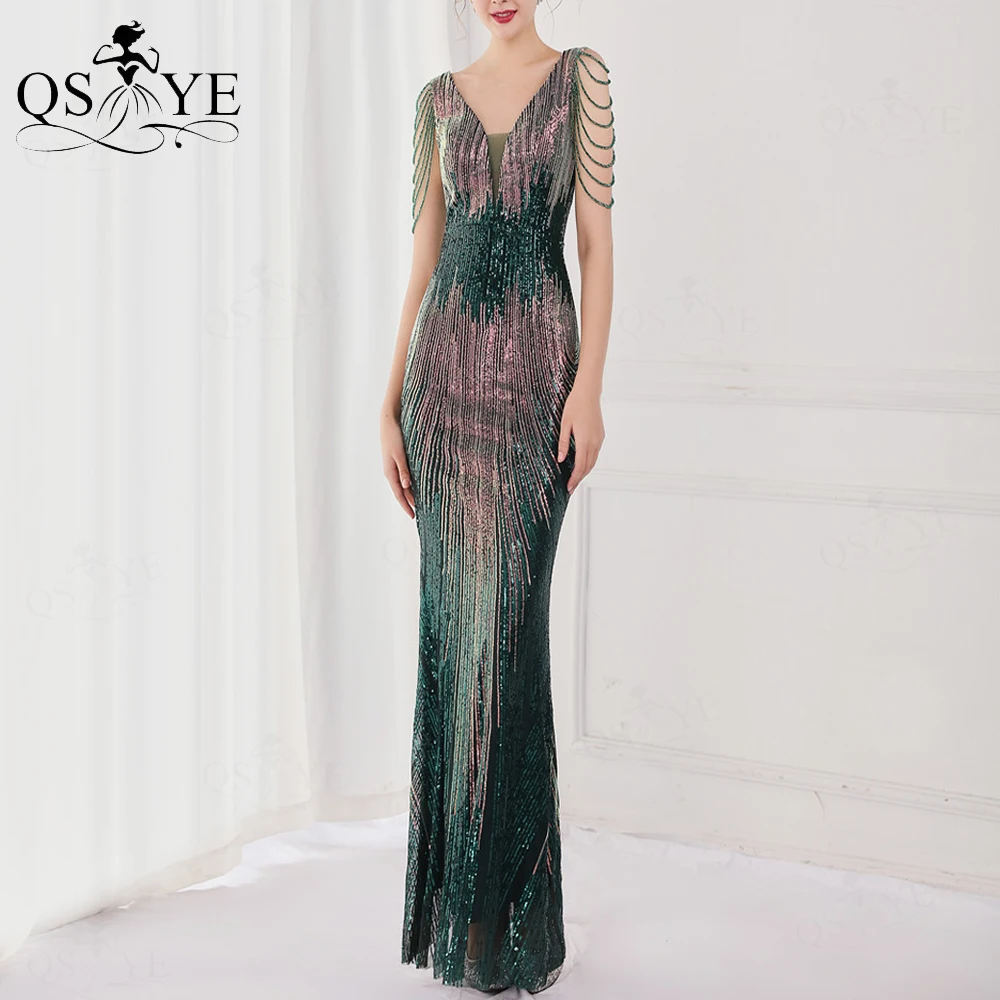 

V neck Green Evening Dresses Beading Straps Cap Sleeves Sequin Mermaid Prom Gown Fit Fade Emerald Party Formal Dress Elegant