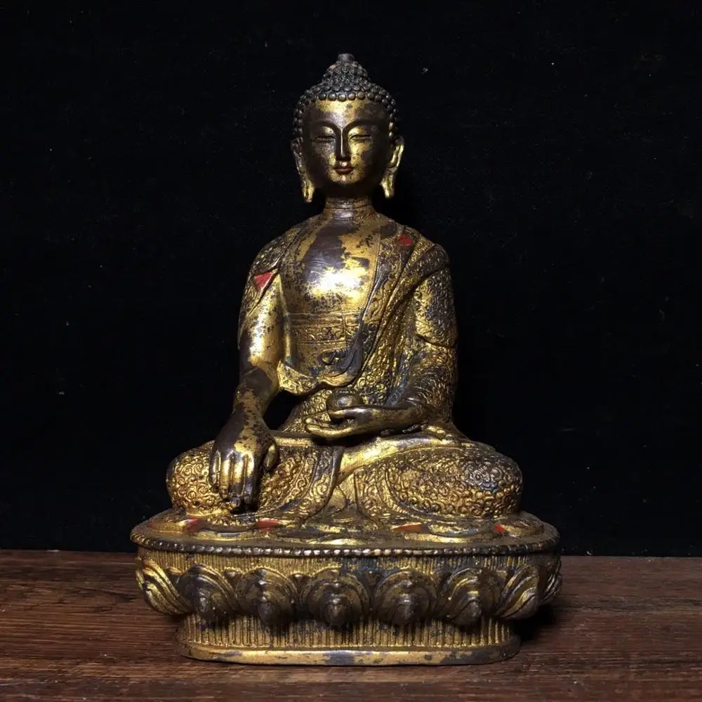 

8"Tibet Buddhism Temple Old Bronze Gilt Cinnabars Shakyamuni Buddha Statue Dragon robes Amitabha Enshrine the Buddha