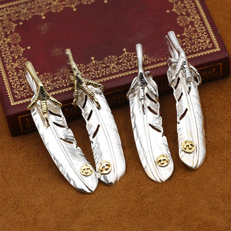 S925 Sterling Silver Jewelry Retro Thai Silver Feather Pendant Personality Men and Women Eagle Claw Sweater Chain Pendant