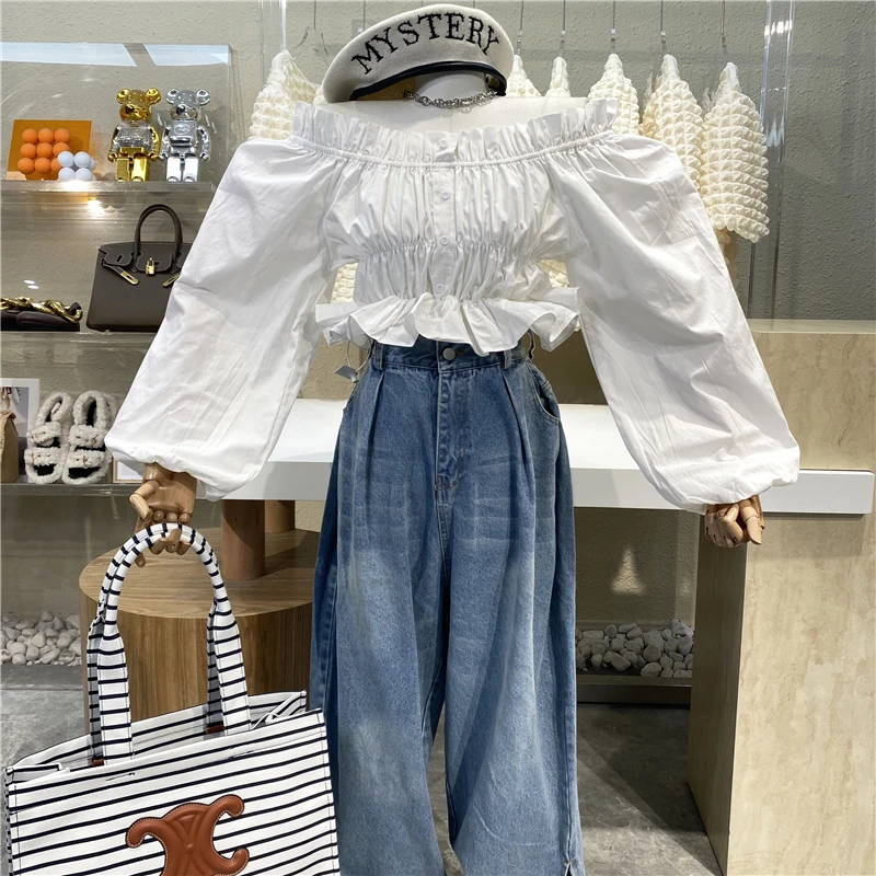 

Новый фирменный оригинальный дизайн жареная уличная рубашка для ухода за ключицами с одной линией воротника с пузырьковыми рукавами плисс...