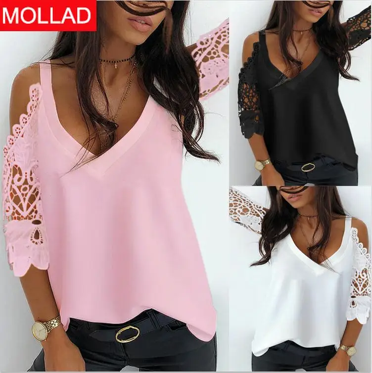 

2021 European and American Women's Clothing Summer New Solid Color and V-neck Stitching Lace Broken Sleeve Women's Top