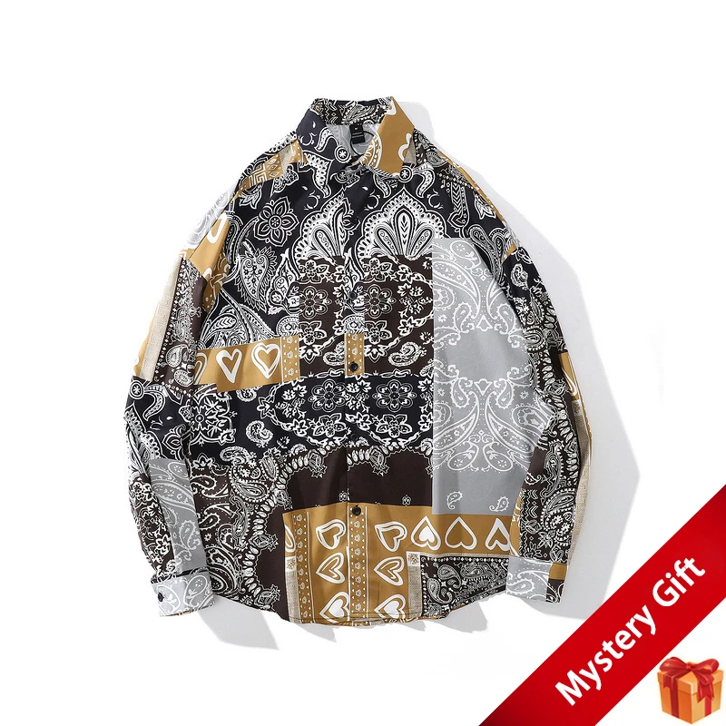 

Мужская рубашка в стиле хип-хоп, универсальная винтажная рубашка с длинным рукавом и принтом, осень 2022, модная брендовая Свободная Повседне...