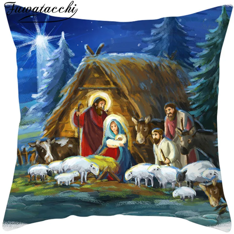 

Fuwatacchi Christmas Style Cushion Cover White Snow Tree Pattern Pillow Cover Home Sofa Car Decorative Throw Pillowcase 45x45cm