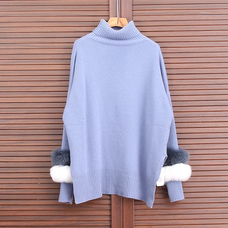 

Winter Turtleneck Faux Mink Fur Spliced Long Sleeved Sweater Knitted Shirts Imitation Fur Striped Pullovers Irregular Hem Tops