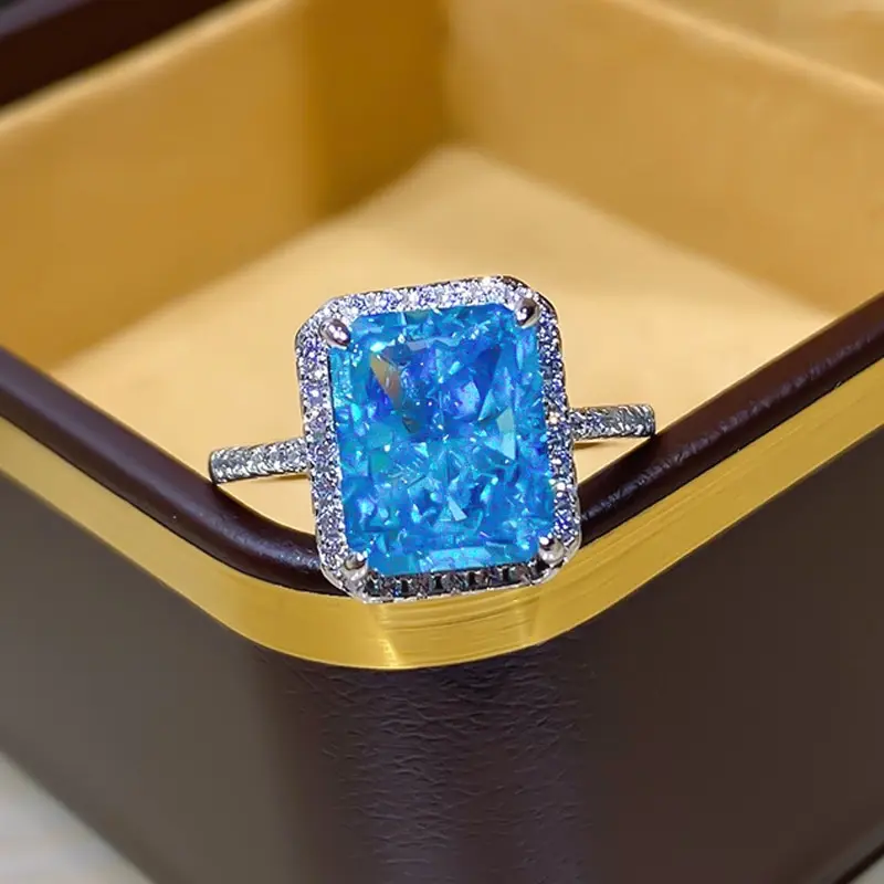 

Jazaz 100% 925 Sterling Silver Aquamarine Wedding Ring Women Sparkling High Carbon Diamond Engagement Party Fine Jewelry B0712