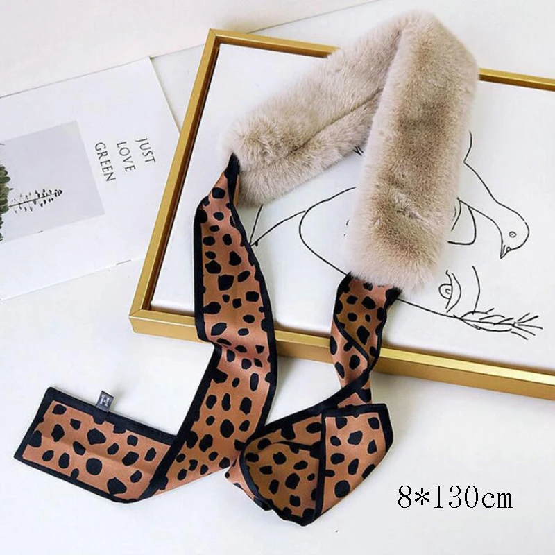 

2020 New Long Skinny Ribbon Leopard Printed Head Scarf with Winter Warm Faux Rabbit Fur Neck Collar Scarves For Women Foulard