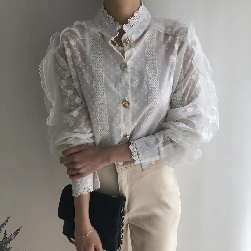 

HziriP Early Spring Lace High Quality OL Streetwear 2021 Gentle Sexy Casual New Arrival Women Loose Stand All Match Shirts