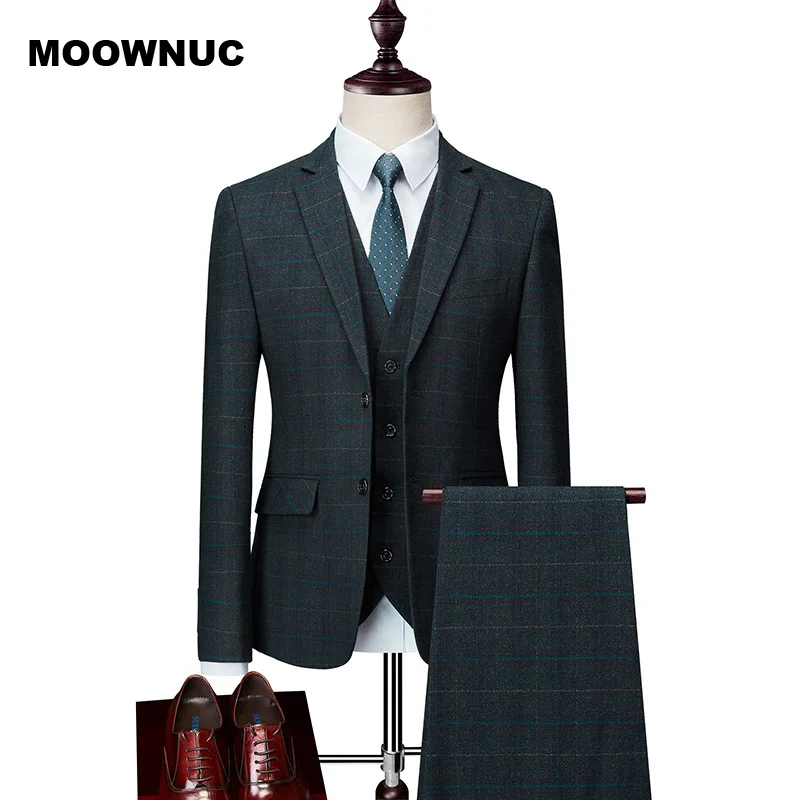 

MOOWNUC men 2019 new arrival high quality plaid casual suits men ,men's casual plaid brown suits ,jacket+pants+vest