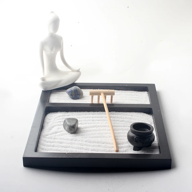 

Table Desk Zen Garden Sand Tray, and,Natural Stones,Ceramic figure, Rake Meditation Craft #1 1 order