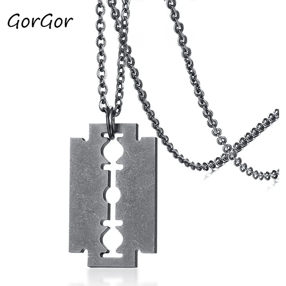 

GorGor Necklace Men Stainless Steel Pattern Blade Retro Gray Pendant Punk Style Simplicity Individuality Accessories PN-1013
