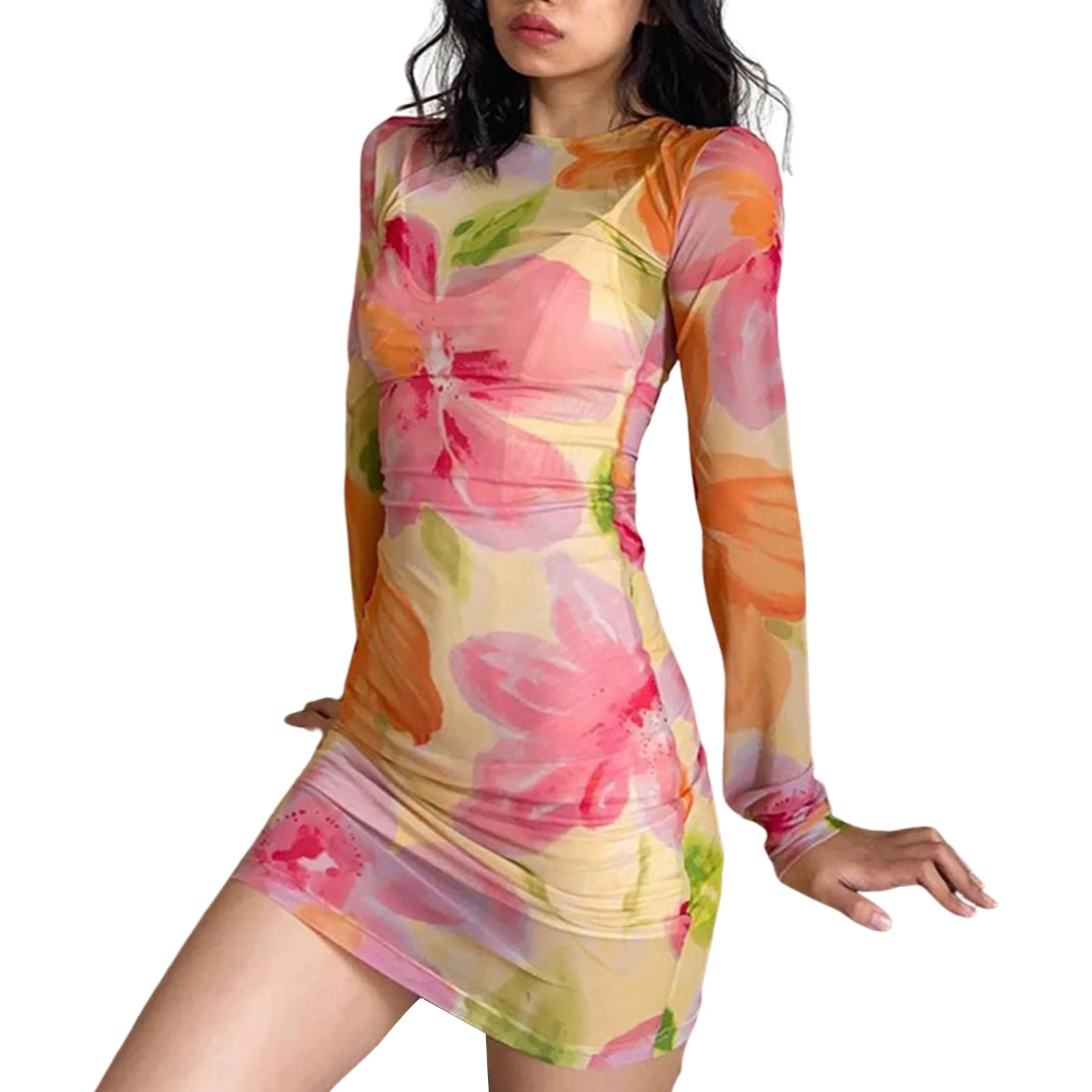 

Women Floral Print Mini Dress, See Through Long Sleeve O-neck High Waist Sundress