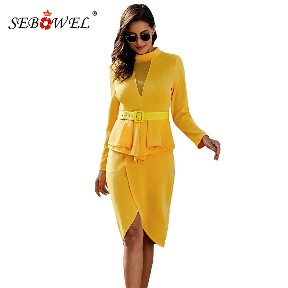 Женское Ассиметричное платье миди с баской SEBOWEL вечернее длинным рукавом и