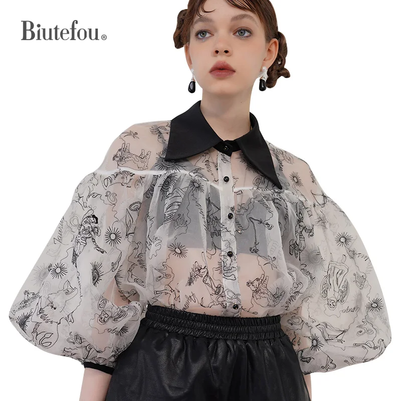 2023 Spring Women Exclusive S Grade Mulberry Silk Constellation Embroidered Puff Sleeve Shirt