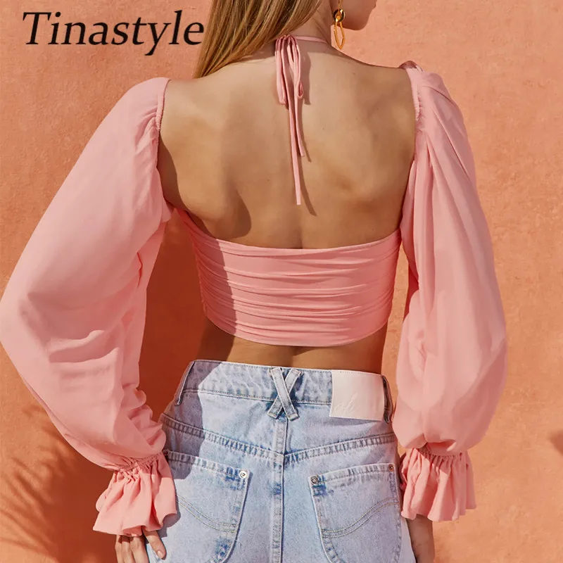 

Tinastyle Puff Sleeve Hollow Out Sexy Summer T Shirt Women 2021 New Backless Short Crop Top Basic Casual Party Clubwear T-shirts