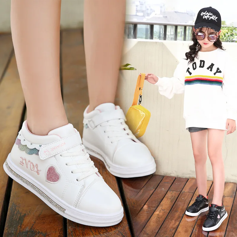 Girls Rhinestone Sports Shoes Spring Bling PU Leather High Top Students Sneakers #27-37 Fashion Tennis Running | Детская одежда и