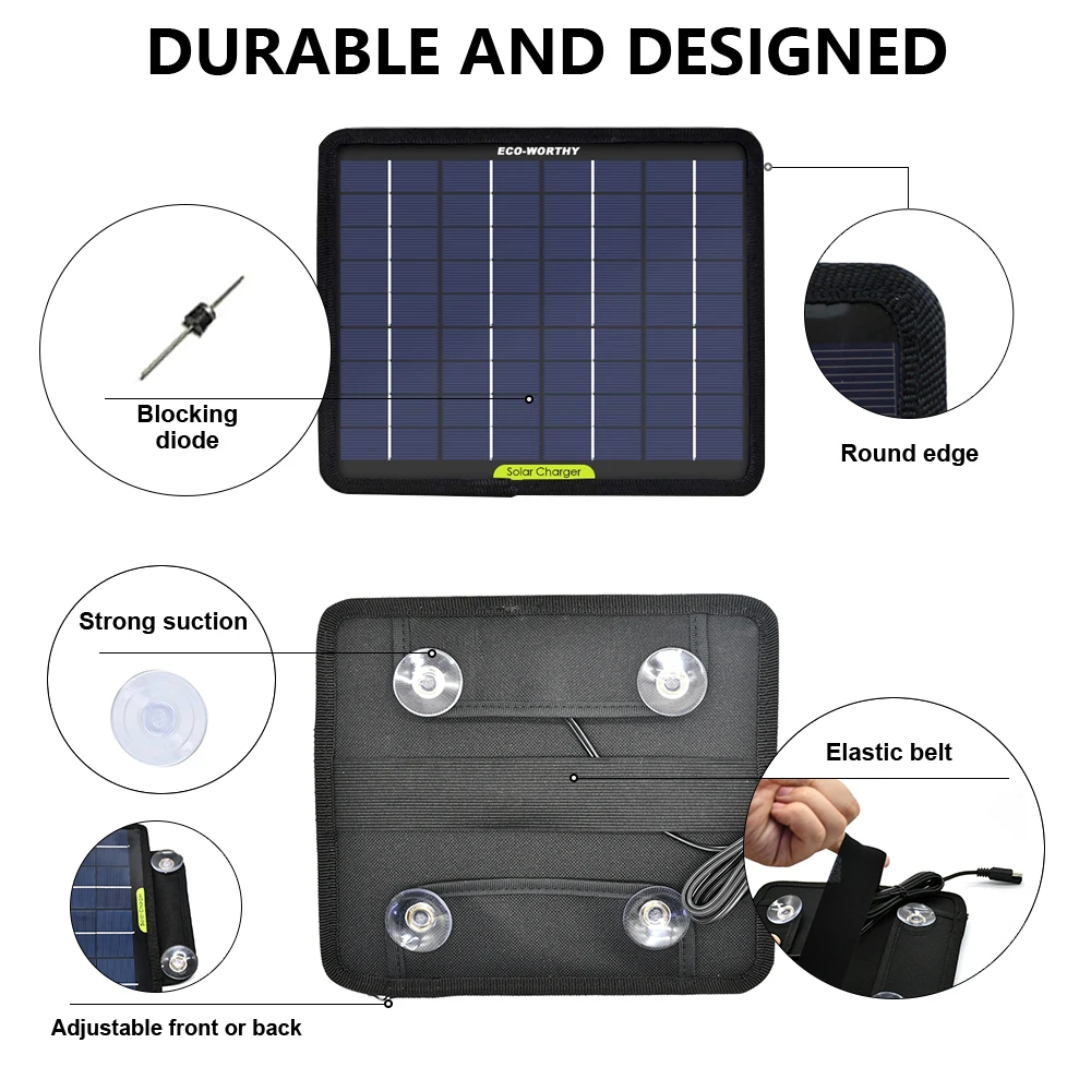 

ECO-WORTHY 12V 5W10W Watt Portable Solar Panel Trickle Charger Battery Maintain With Alligator Clip For Vehicle RV Boat