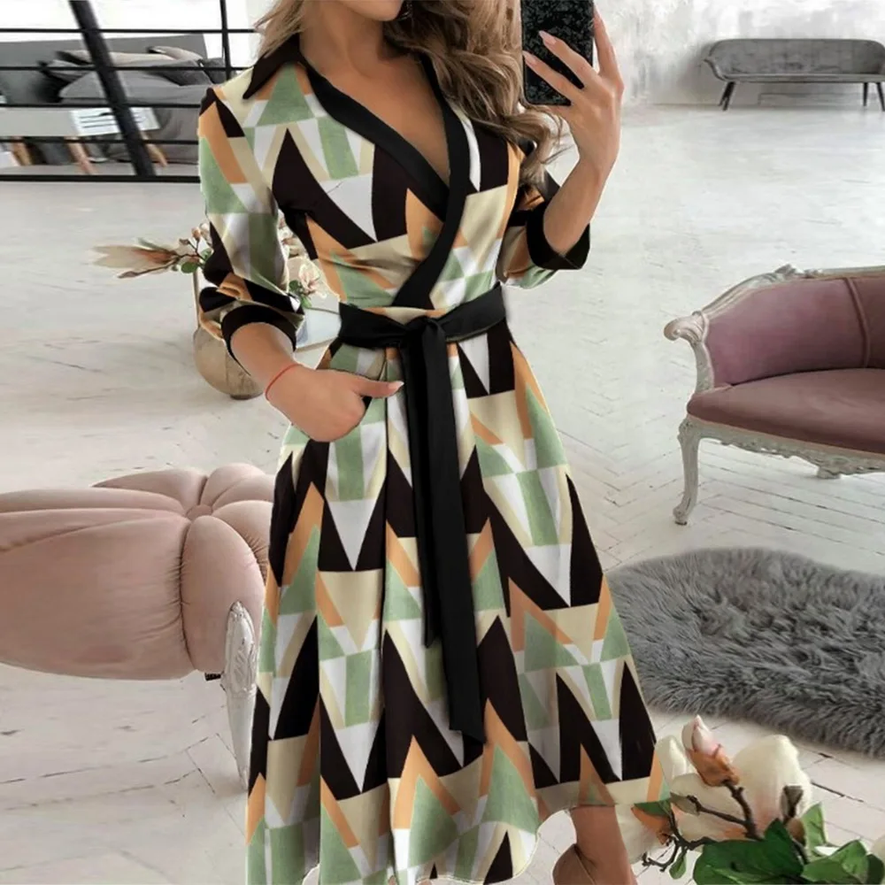 

2021 Elegant Women Letter Diamond Print Party Dresses Summer Office Ladies Sexy V-Neck Dresses Female Casual Long Sleeve Dress