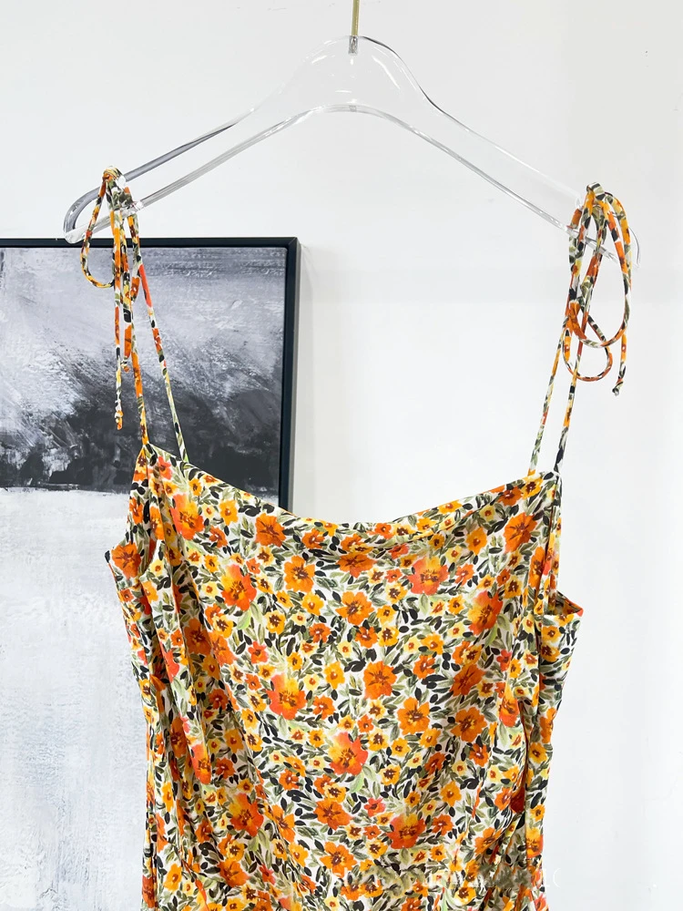 

2021 Summer 100% Silk Lwomen Sling Dress Floral Printed Vintage High Waist Long Split Dress Female Sweet Spaghetti Strap