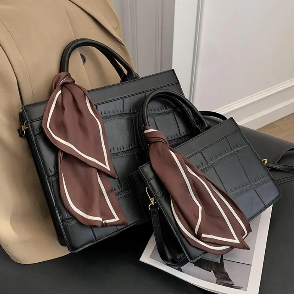 

Stone pattern Ribbon Tote bag 2022 New High-quality PU Leather Women's Designer Handbag High capacity Shoulder Messenger Bag
