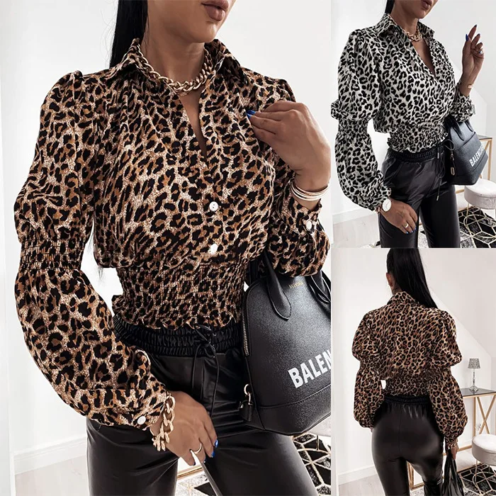 

Autumn and winter sexy long-sleeved V-neck leopard print ladies shirt shirt